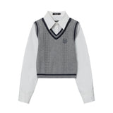 学院風の2点セット韓国版のシェイプされたjk秋冬の長袖のシャツ編みのベスト
