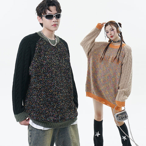 異なるデザインのセーターが組み合わされたラウンドネックのカップル用のドパミンブランドのニットセーター